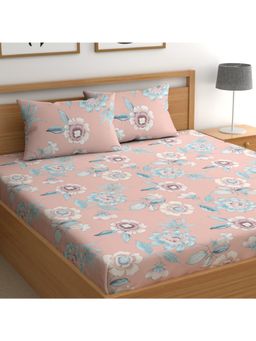CHHAVI INDIA - Double Bedsheet Set With 2 Pillow Covers Coral Pink And Blue Botanical Print