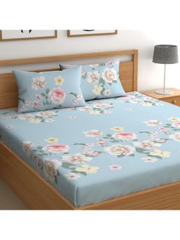 CHHAVI INDIA - Microfiber Double Bedsheet Set With 2 Pillow Covers Sky Blue Watercolor Floral Print