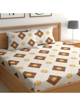 CHHAVI INDIA - Double Bedsheet Set With 2 Pillow Covers Brown Argyle And Yellow Floral Geometric Print