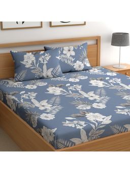 CHHAVI INDIA - Double Bedsheet Set With 2 Pillow Covers Denim Blue Monochrome Floral Print