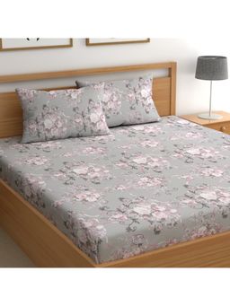 CHHAVI INDIA - Double Bedsheet Set With 2 Pillow Covers Elegant Grey And Pink Floral Print