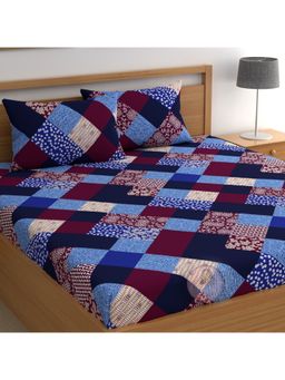 CHHAVI INDIA - Double Bedsheet Set With 2 Pillow Covers Dark Blue Patchwork And Floral Print