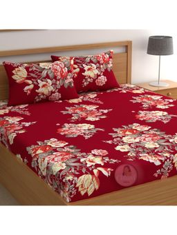 CHHAVI INDIA - Microfiber Double Bedsheet Set Rich Red Floral Print With 2 Pillow Covers