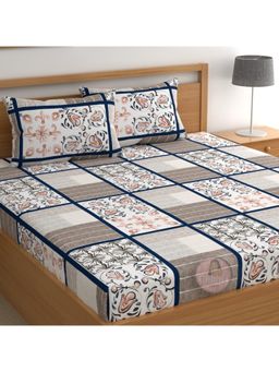 CHHAVI INDIA - Microfiber Patchwork Floral Double Bedsheet With 2 Pillow Covers (Brown, Beige & White)