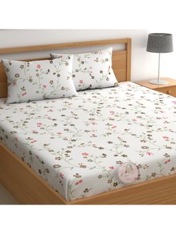 CHHAVI INDIA - Delicate Vine Floral Double Bedsheet With 2 Pillow Covers (White, Brown & Pink)