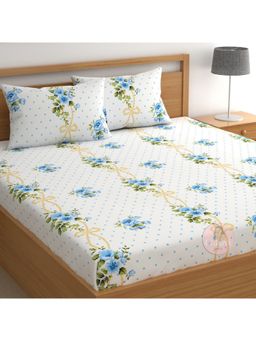 CHHAVI INDIA - Microfiber Blue Roses And Polka Dot Double Bedsheet With 2 Pillow Covers (White & Blue)