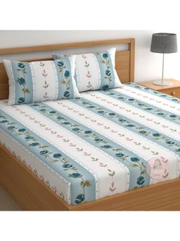 CHHAVI INDIA - Microfiber Double Bedsheet Set With 2 Pillow Covers Stylish Blue Rose And Stripe Print