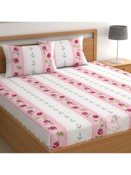 CHHAVI INDIA - Microfiber Double Bedsheet With 2 Pillow Covers Pink Rose Stripe Print