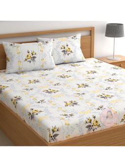 CHHAVI INDIA - Microfiber Double Bedsheet With 2 Pillow Covers Yellow And Grey Floral Print