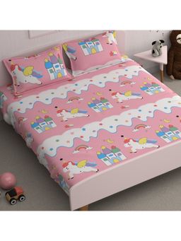 CHHAVI INDIA - Microfiber Double Bedsheet With 2 Pillow Covers Pink Unicorn & Castle Print