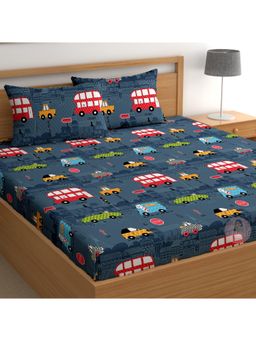 CHHAVI INDIA - Microfiber Double Bedsheet With 2 Pillow Covers Kids London Bus & Car Print (Blue)