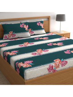 CHHAVI INDIA - Microfiber Double Bedsheet With 2 Pillow Covers Green & Floral Stripes Design