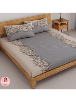 CHHAVI INDIA - Double Bedsheet With 2 Pillow Covers Elegant Floral Border Print (Beige & Grey)