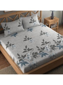 CHHAVI INDIA - Microfiber Double Bedsheet With 2 Pillow Covers Grey & Blue Floral Design