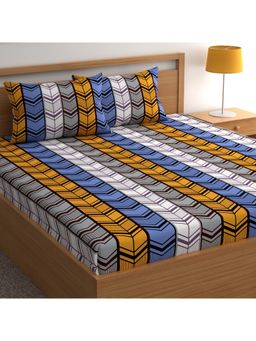 CHHAVI INDIA - Chevron Stripe Double Bedsheet Set With 2 Pillow Covers Yellow, Blue & Grey