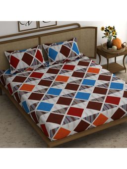 CHHAVI INDIA - Geometric Double Bedsheet with 2 Pillow Cover Brown, Blue & Orange