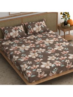 CHHAVI INDIA - Brown & Beige Tropical Floral Microfiber Double Bedsheet Set With 2 Pillow Covers