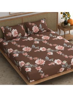 CHHAVI INDIA - Dark Brown & Peach Floral Vine Microfiber Double Bedsheet Set With 2 Pillow Covers