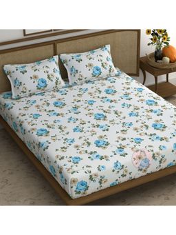 CHHAVI INDIA - White & Aqua Blue Rose Print Microfiber Double Bedsheet Set With 2 Pillow Covers