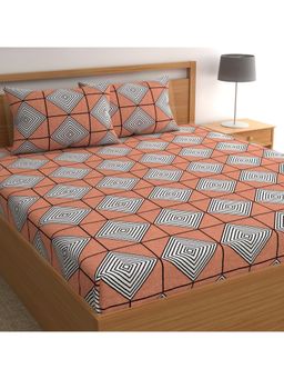 CHHAVI INDIA - Terracotta & White Geometric Diamond Microfiber Double Bedsheet with 2 Pillow Cover Set