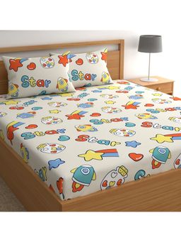 CHHAVI INDIA - Double Bedsheet Set Fun Space, Rocket & Star Doodle Print (1 Bedsheet, 2 Pillow Covers)