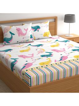 CHHAVI INDIA - Double Bedsheet Narwhal & Whale Print With Stripe Border (1 Bedsheet, 2 Pillow Covers)