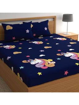 CHHAVI INDIA - Double Bedsheet Set Star & Cloud Print On Navy Blue (1 Bedsheet, 2 Pillow Covers)