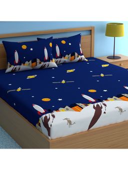 CHHAVI INDIA - Double Bedsheet Set Rocket & Planet Print On Navy (1 Bedsheet, 2 Pillow Covers)