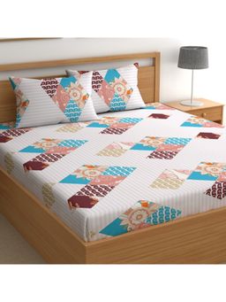 CHHAVI INDIA - Microfiber Patchwork & Floral Double Bedsheet Set With 2 Pillow Covers, White