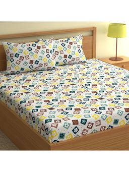 CHHAVI INDIA - Geometric & Floral Double Bedsheet Set With 2 Pillow Covers, White-Multi-Color