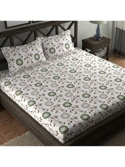 CHHAVI INDIA - Vintage Green & Brown Floral Double Bedsheet Set With 2 Pillow Covers, White
