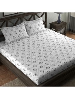 CHHAVI INDIA - Microfiber Grey Trellis Floral Double Bedsheet Set With 2 Pillow Covers, White & Grey