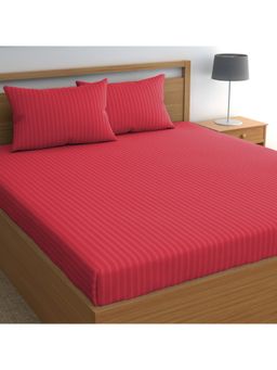 CHHAVI INDIA - Pink-Coral Solid Satin Stripe Double Bedsheet Set With 2 Pillow Covers, Bright Pink