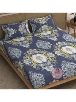 CHHAVI INDIA - Intricate Baroque Floral Double Bedsheet Set With 2 Pillow Covers, Navy Blue
