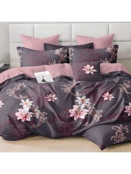 CHHAVI INDIA - Microfiber Luxury Damask Floral Double Bedsheet Set With 2 Pillow Covers, Grey & Pink