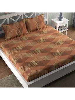 CHHAVI INDIA - Contemporary Geometric Double Bedsheet Set With 2 Pillow Covers, Rust Brown-Copper