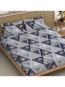 CHHAVI INDIA - King Size Bedsheet With 2 Pillow Covers Geometric & Leaf Print In Grey And Navy