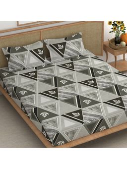 CHHAVI INDIA - King Size Bedsheet With 2 Pillow Covers Modern Geometric & Leaf Print In Grey And Black