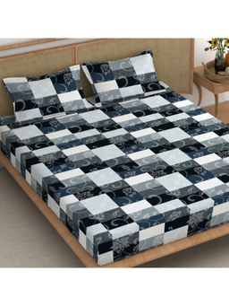 CHHAVI INDIA - King Size Bedsheet with 2 Pillow Cover Navy Blue & Grey Floral Patchwork Check Print