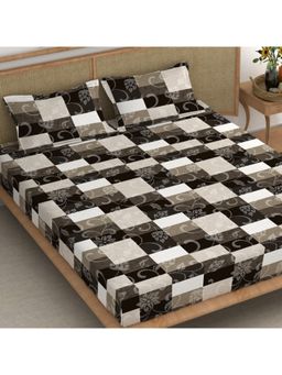 CHHAVI INDIA - King Bedsheet with 2 Pillow Cover Brown, Beige & White Floral Patchwork Check Print
