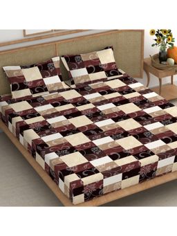 CHHAVI INDIA - King Bedsheet with 2 Pillow Cover Maroon, Brown & Cream Floral Patchwork Check Print