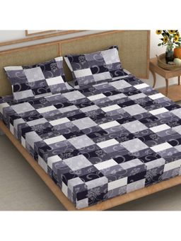 CHHAVI INDIA - King Bedsheet with 2 Pillow Cover Purple, Grey & White Floral Patchwork Check Print