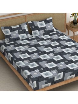 CHHAVI INDIA - King Size Bedsheet with 2 Pillow Cover Grey & Light Grey Geometric Square & Leaf Print
