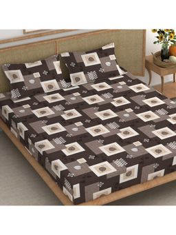 CHHAVI INDIA - King Bedsheet with 2 Pillow Cover Brown, Black & Beige Floral Patchwork Check Print