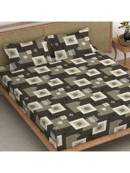 CHHAVI INDIA - King Size Bedsheet with 2 Pillow Cover Dark Brown, Beige & White Geometric Leaf Print
