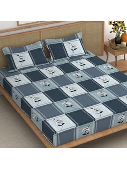 CHHAVI INDIA - King Bedsheet with 2 Pillow Cover Blue & Grey Plaid Floral Print With White Flowers