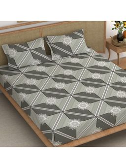 CHHAVI INDIA - King Bedsheet with 2 Pillow Cover Grey, Olive Green & White Geometric Mandala Print