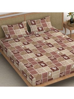 CHHAVI INDIA - Coffee Brown & Beige Geometric Floral Microfiber King Bedsheet with 2 Pillow Cover Set