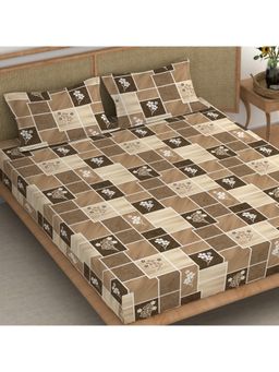 CHHAVI INDIA - Brown Wooden-Look Geometric Floral Microfiber King Bedsheet with 2 Pillow Cover