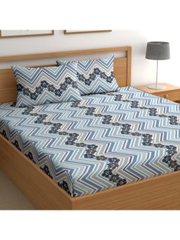 CHHAVI INDIA - Blue Chevron & Floral Microfiber King Bedsheet with 2 Pillow Cover